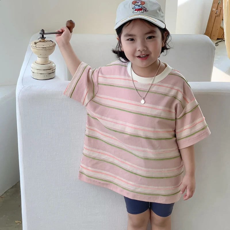 Children Clothing Girls T Shirt Korean Style Loose Short Sleeve Summer Fashionable Oversize Stripe T Shirt Top 250207