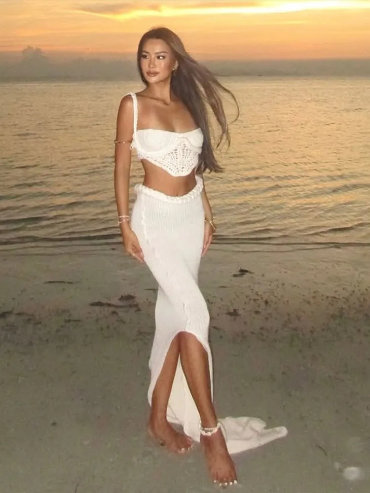 Knitted Bra Top Skirt Sets Women Sexy Sleeveless Crop Tops Hip Package Long Split Skirts Casual Spring Holiday Beach Ladies Suit 250206