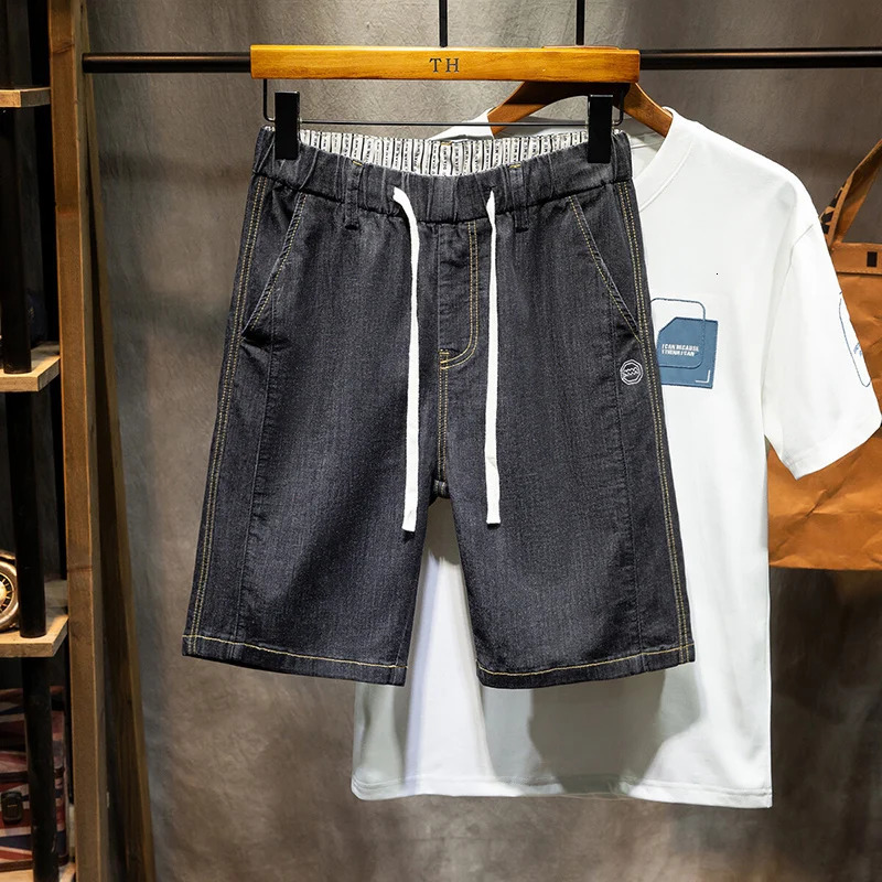 Plus Size 5XL 6XL 7XL Mens Thin Denim Shorts Soft Cotton Fabric High Stretch Drawstring Short Jeans Black Dark Blue Male 250207