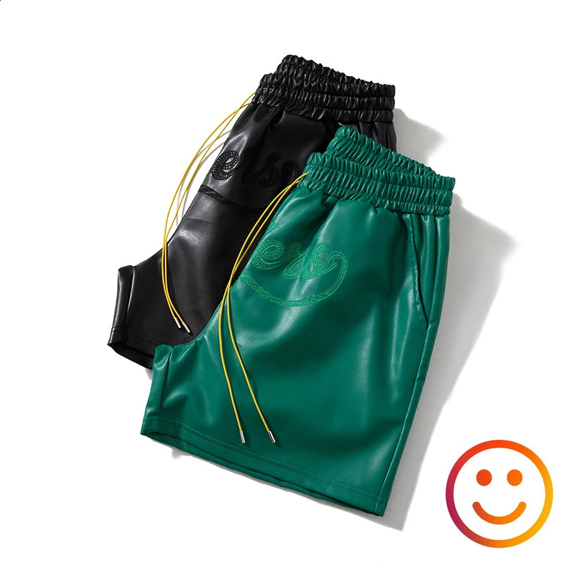 Leather Black Red Green Borad Shorts Pockets 2024 Summer Men Women High Quality Yellow Drawstring Beach Shortpant Breeches 250206