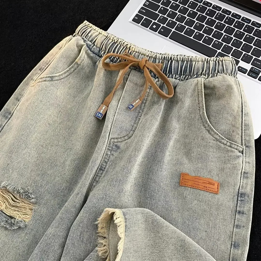 Casual Fashionable Unique Mens Jeans Trendy LooseFit StraightLeg Denim Shorts Style Summer Versatile MidLength Pants 250207