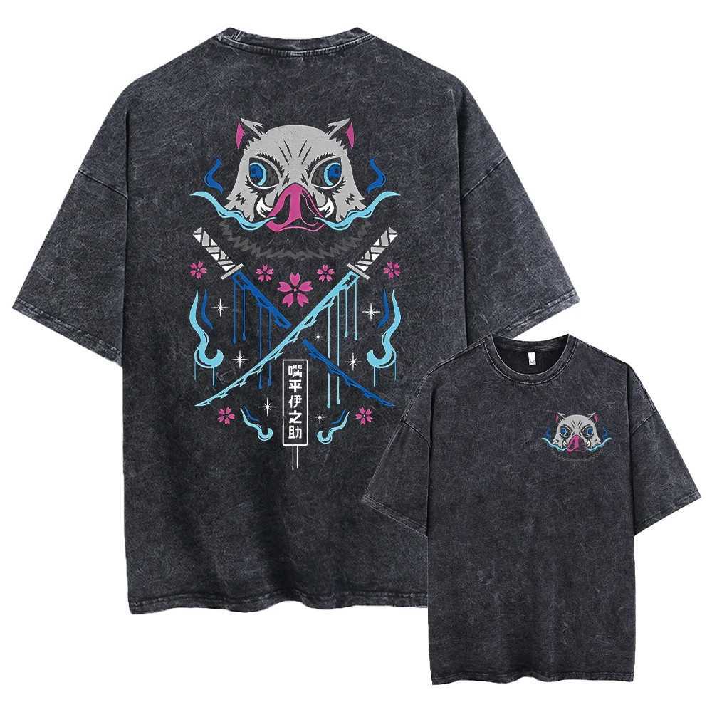 Printed Washed Tshirt Anime Demon Slayer Cotton Men Vintage Washed T-Shirt Graphic Tshirt Streetwear Tees Summer Casual ClothesT250207
