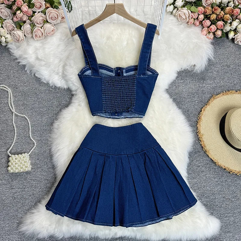 Two Piece Sets Women Sexy Dress Sets Skirt Set Sling Sleeveless Casual Denim Tops Short Skirts A Line Elegant Splice Y2k Summer 250207