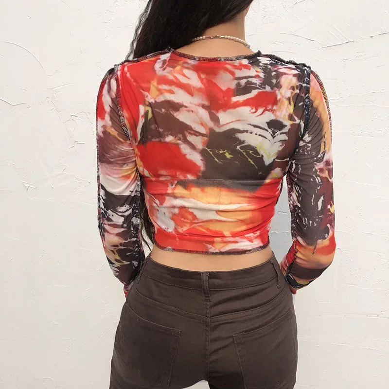 Hollow Out T Shirts Women Mesh Crop Top Vintage Y2k Streetwear 2000s Aesthetic Autumn Print Long Sleeve T-Shirt Sexy Women Tees 250206