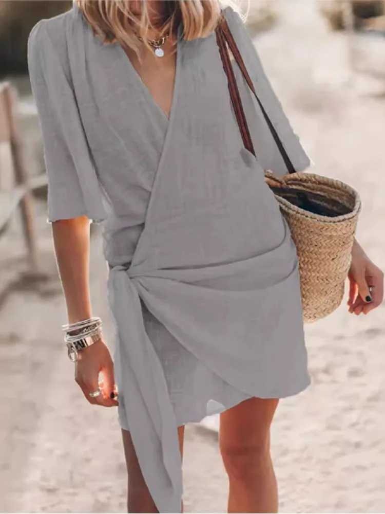 Casual V Neck Solid Color Short Sved Cross Lace Up Dress For Women Spring And Summer Simple Ele Mid Length Dresses FeXJ2500207