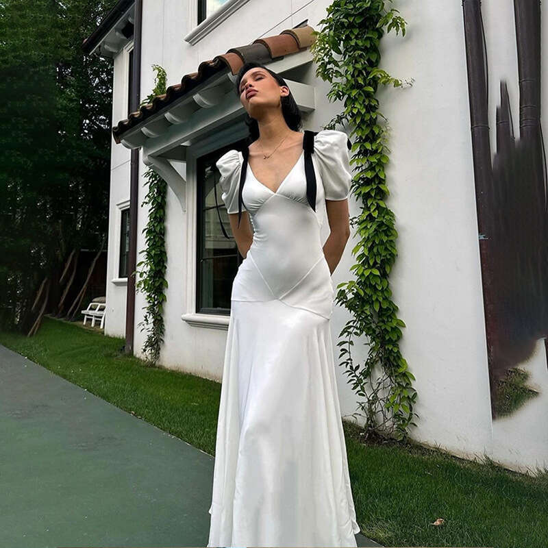 2025 Summer and Autumn Fashion Kendou Same French Sweet Bubble Sleeve Bow Tie Dress Style Versatile New Trendy Clothing Ins