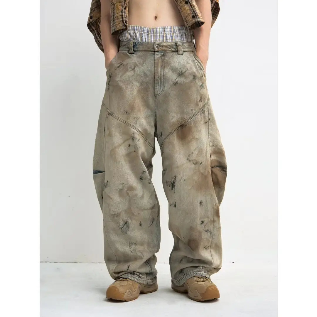 High Street Retro Washed Tie-Dye Distressed Jeans Men Women American Hip-Hop Rap High Waist Loose Jeans Casual Straight Pants 250206