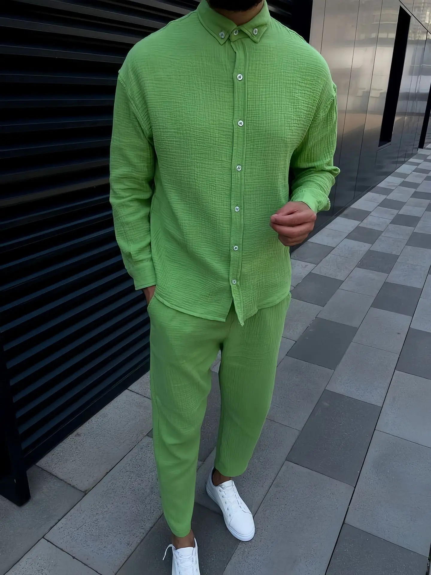 Spring and autumn mens cotton linen lapel comfortable casual shirt set fashion long sleeve cargo pants solid color twopiece 250207