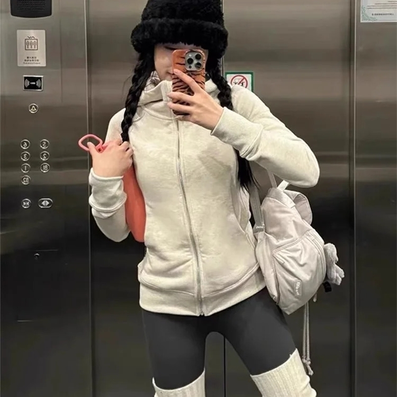 Deeptown American Vintage Cropped Hoodies Women Korean Style Streetwear Grey Zip Up Hooded Sweatshirt Casual Y2k Slim Hood Shirt 250206