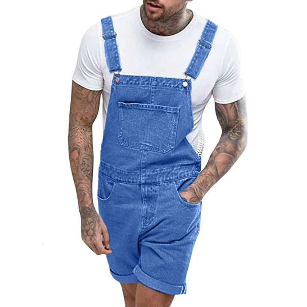 Mens Vintage Jeans Overalls Solid Color Elastic Denim Jumpsuit With Pockets Men Summer Casual Button Suspenders Short Pants 250207