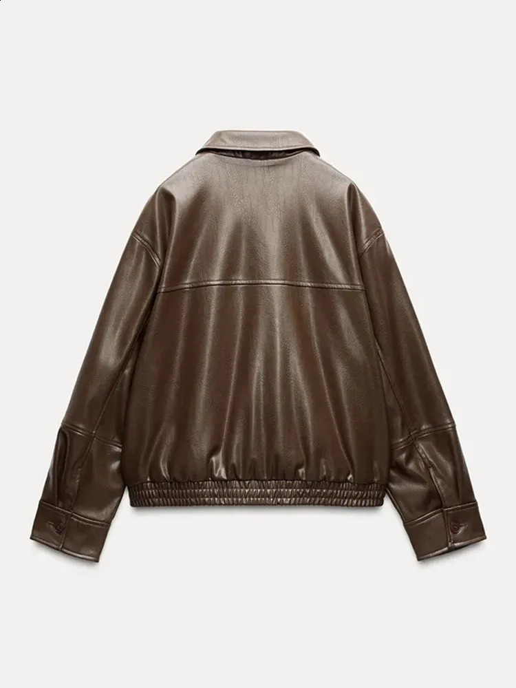 2024 Vintage Chocolate Leather Laple Jacket Women Chic Zipper Long Seleeve Pocket Short Coat Autumn Ladies High Streetwear 250120