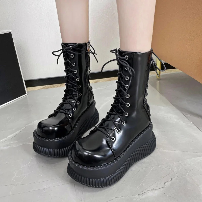 8cm Black Glossy Straps Punk Style Boots for Women Autumn and Winter Thicksoled Heightening Platform Midcalf Knight 250117