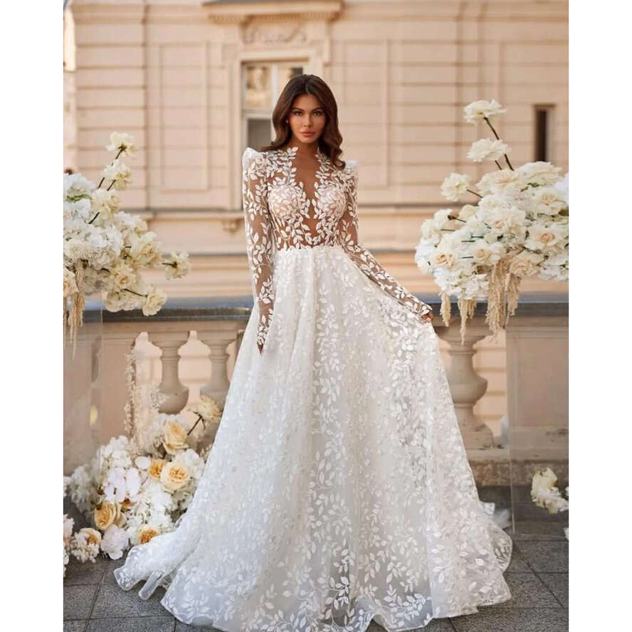 Leaf Gorgeous Lace Dresses Bridal Gowns Long Sleeves Boho Wedding Dress A E Backless Button Robe De Mariee