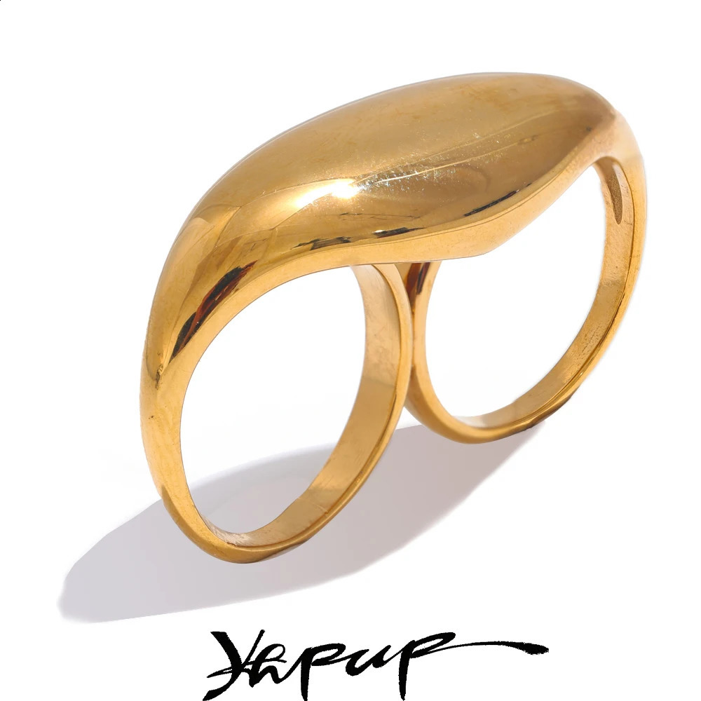 Yhpup 2024 Stainless Steel Metal Double Finger Geometric Ring Personality Rust Proof Attractive Big Exaggerated Jewelry Gift 250206