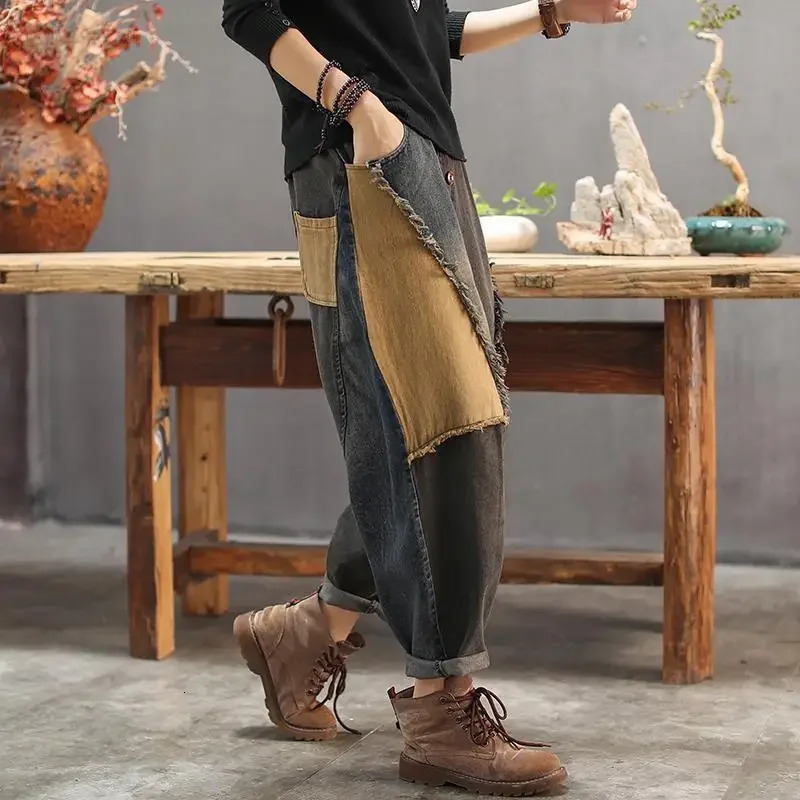 Spring Womens High Waist Retro Harem Pants Jeans 2023 Casual Fashion Harajuku Cotton Trousers Patchwork Wide Leg Radish 250121