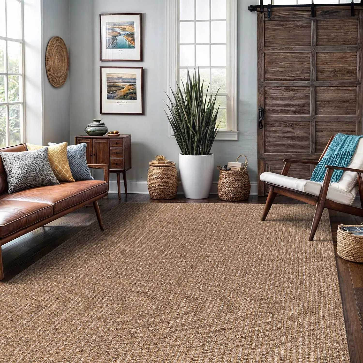 Easy Jute Rug 8x10 Indoor Outdoor Natural Color Farmhouse Area Rugs for Living Room Kitchen Washable Easy to Clean Solid Boho Z250206