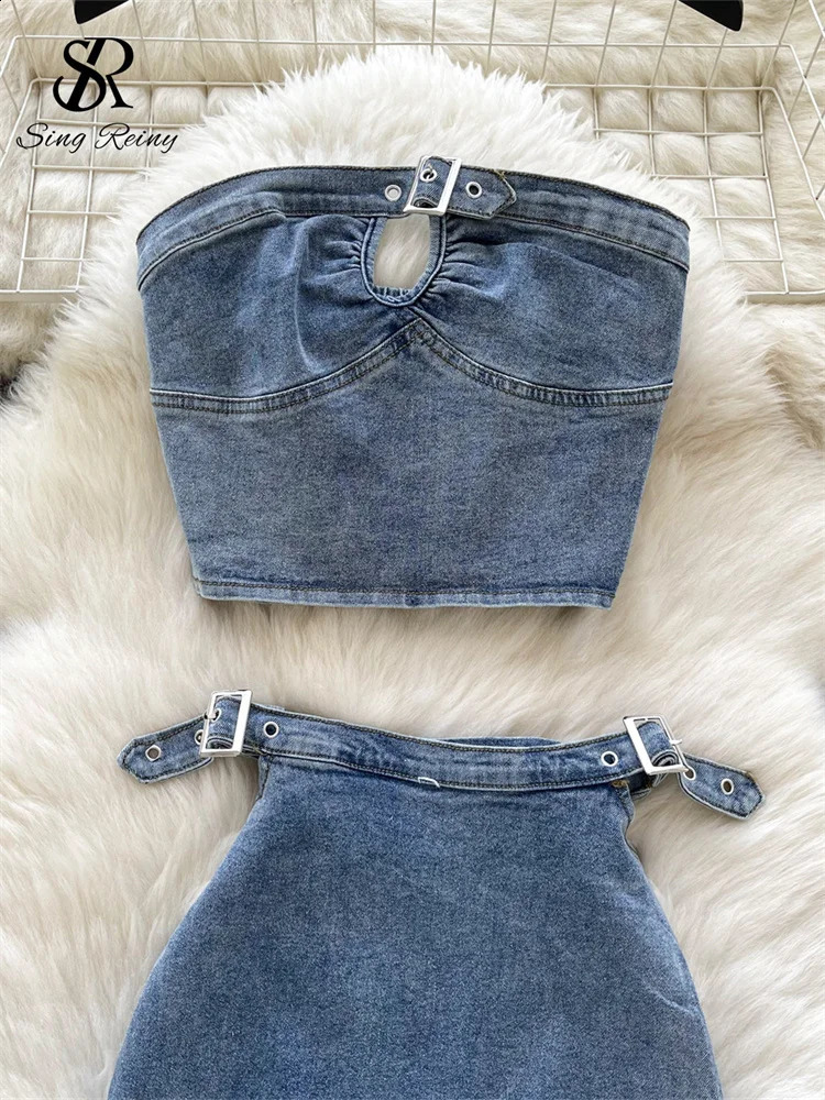 SINGREINY Vintage Women Denim Sets Strapless Sleeveless Zipper Mini Tank TopHIgh Waist Slim Skirt Fashion Streetwear Suits 250207