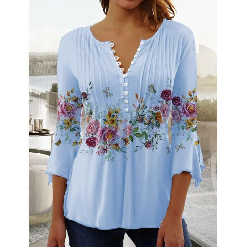 European and American Spring/Summer Women's wer Printed V-neck Short Sleeve Folded Button T-shirt Bottom Shirt 2024 New Casual Versatile Fashion 