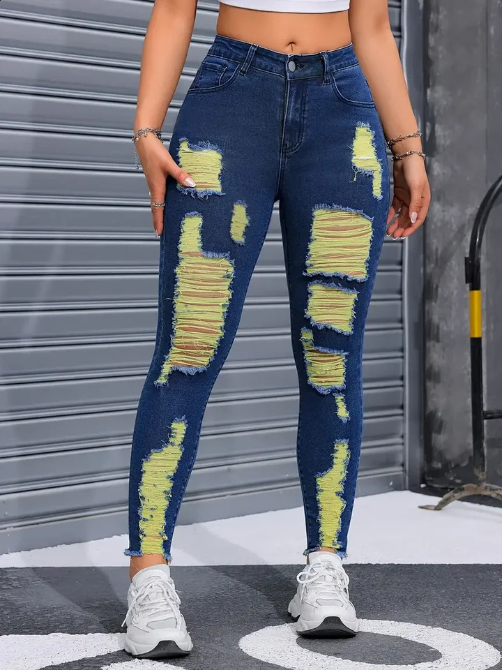 Ripped Jeans For Women Yellow Scratch Denim Pencil Pants High Waisted Stretch Skinny Hollow Out Sexy Female Mujer 250206