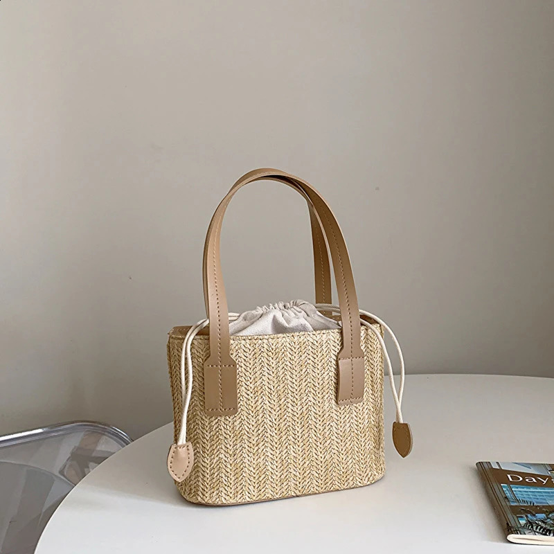 Womens Leisure Grass Woven Handbag Drawstring Bucket Shoulder Crossbody Bag FemaleTravel Bohemian Vacation Beach Bag 250207