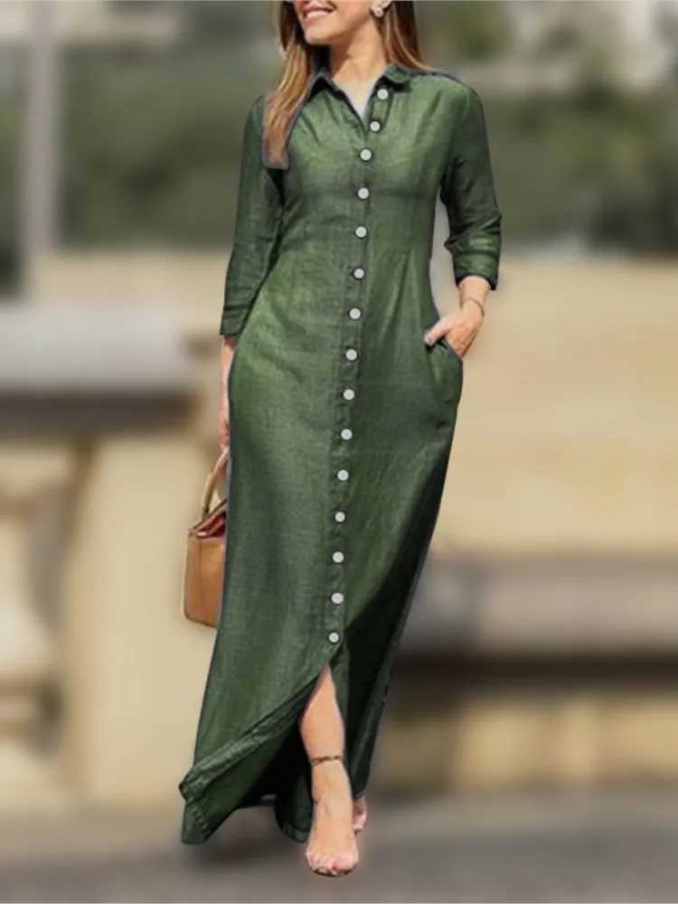 2025 New Dress Spring Summer Womens Plus Size Ele Neutral Style Cotton Linen Long Dress Long Sved Lapel Solid ColorXJ2500207