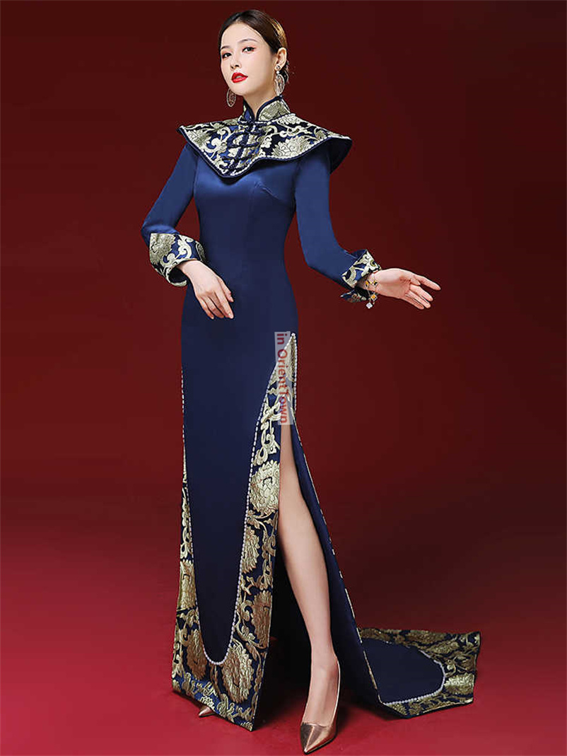 Chinese Style Model Blue Cheongsam Red Carpet Show Clothing High End Tailing Performance Costume Host Banquet Evening Dress