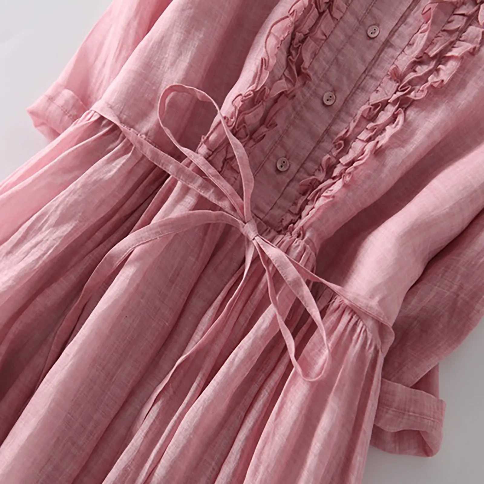 Pink Summer Dress for Women Vintage Cotton Linen Casual Loose Shirt Dress New Short-sved Mid-length Tunic Holiday Dress RobeXJ2500207