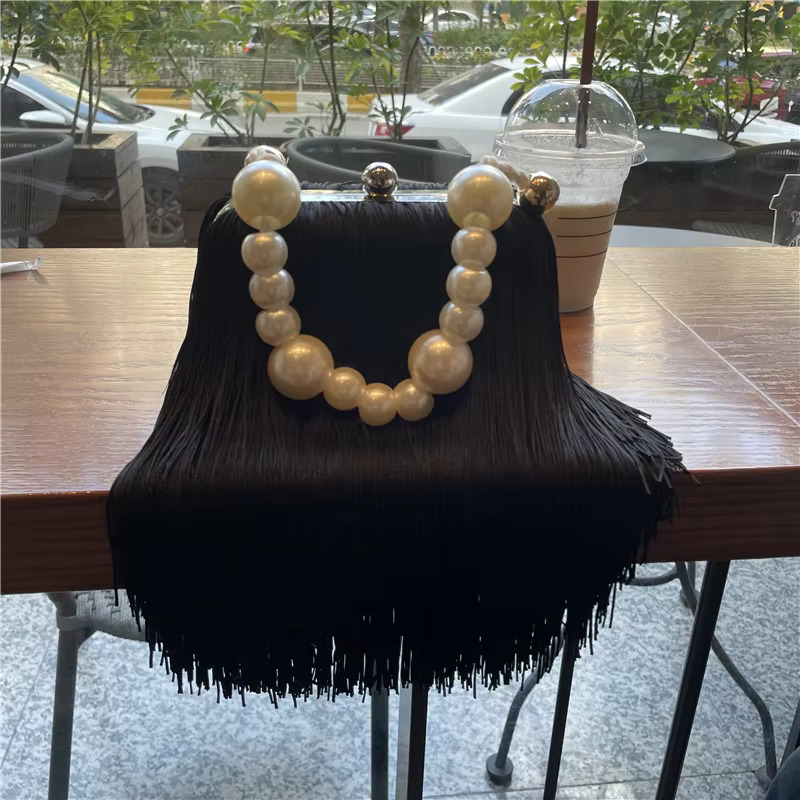 Small Square Female Pearl Chain Handbag Dinner High Quality Long Tassel Clutch Black Evening Bag PU Cartoon