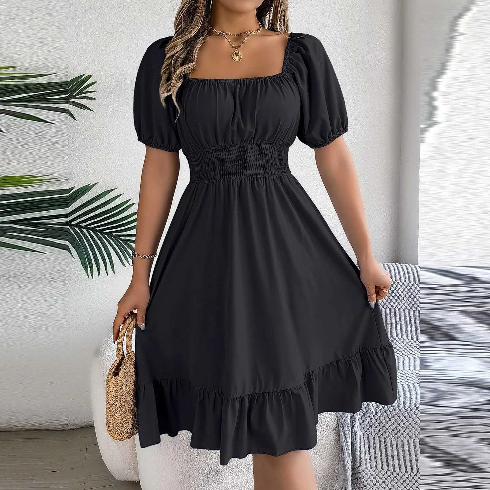 Ele Women Spring Summer Dress Square Neck Puff Sve A Line Vestidos Square Neck Tie Waist Ruched Casual Solid Long DressXJ2500207