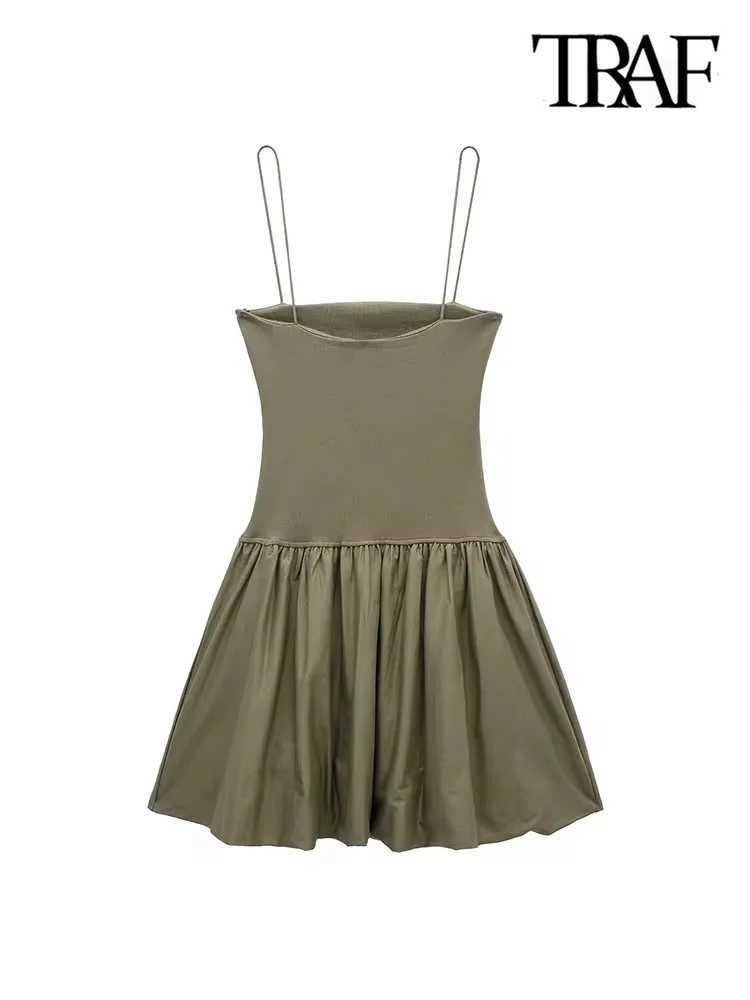 TR-Womens Patchwork Ribbed Poplin Puff Mini Dress Straight Neck Thin Straps Fe Dresses Sexy FashionXJ2500207