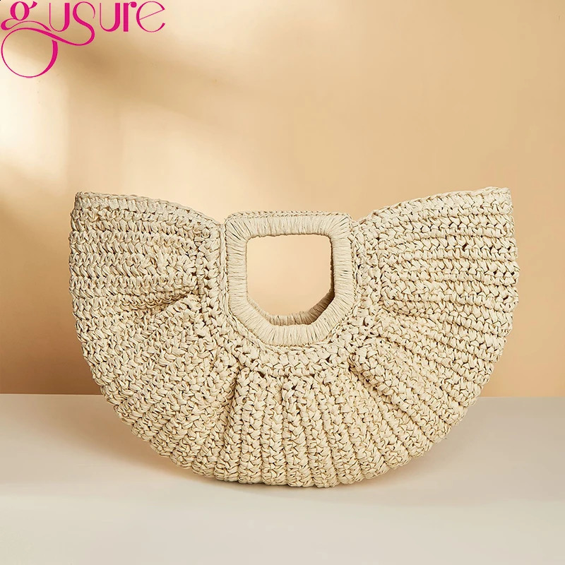 Gusure Bohemia Rattan Large Capacity Shopper Tote Bags Women Moon Wicker Woven Handbag Summer Beach Straw Shoulder Bag 250207