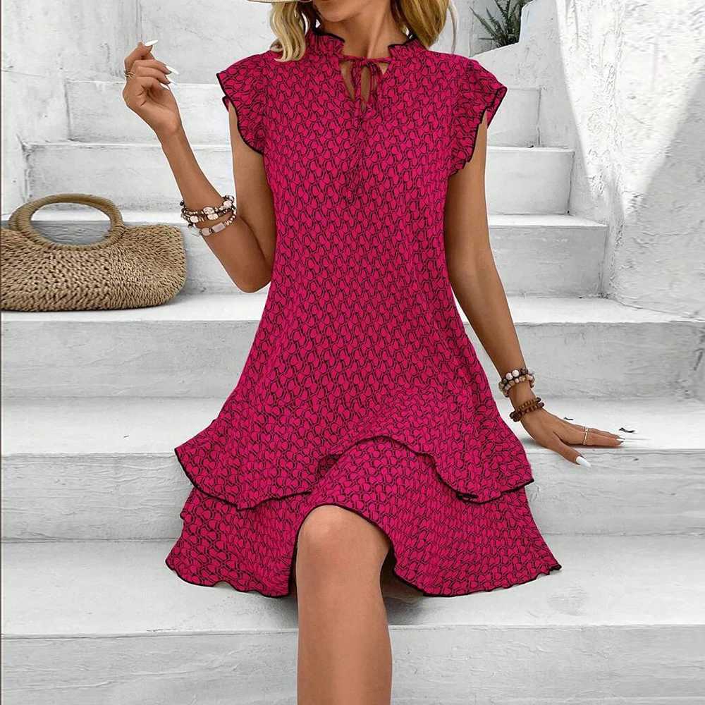 2024 Ele Womens Casual Loose Ruffle Mini Dress Bohemian Printed V-neck Lace-up Small Flying Sve Dresses For WomenXJ2500207