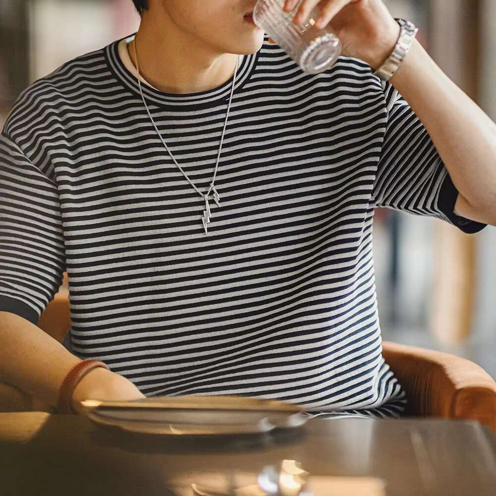 Maden Blue And White Striped Contrasting Color Short Sleeve For Men Summer O-Neck T-Shirt Men's Casual Knit Shirt Plus Size Tees