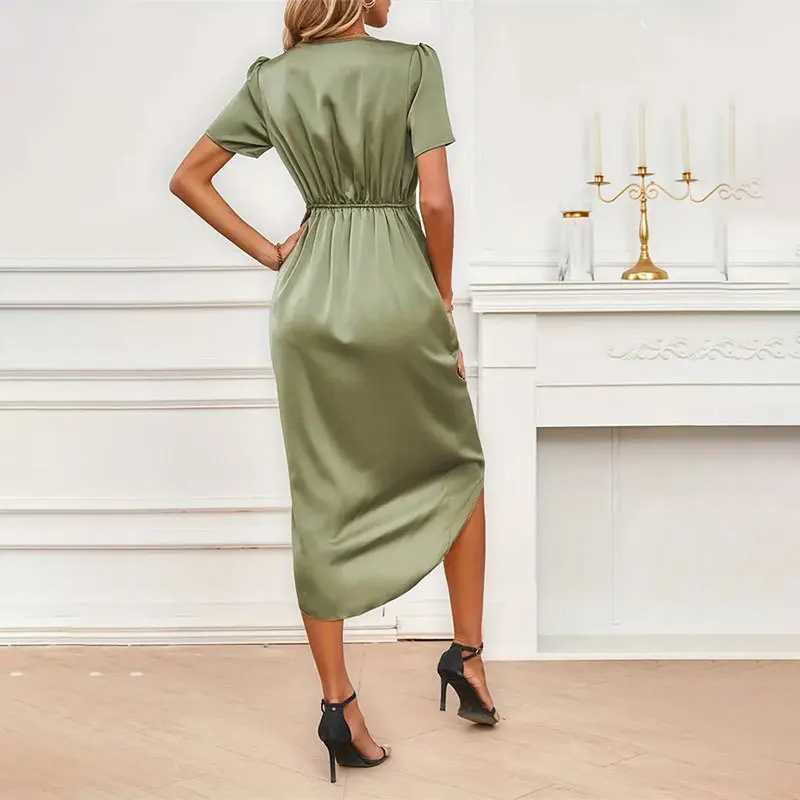 Long Irregular Short Sved Dress Ladies Summer Solid Color New Product Satin Short Sved Wrapped Cross Neck Midi Dress 2024XJ2500207