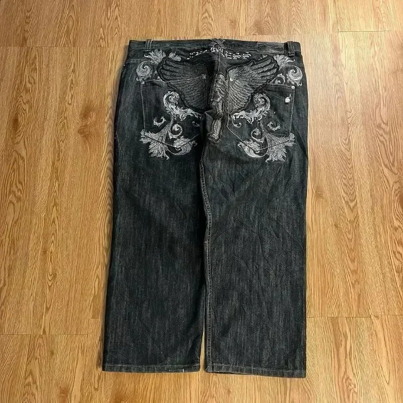 2024 American Retro Skull Wings Embroidered Baggy Jeans Men And Women Y2K Harajuku Hip-hop Gothic Wide Trousers Streetwear 250122