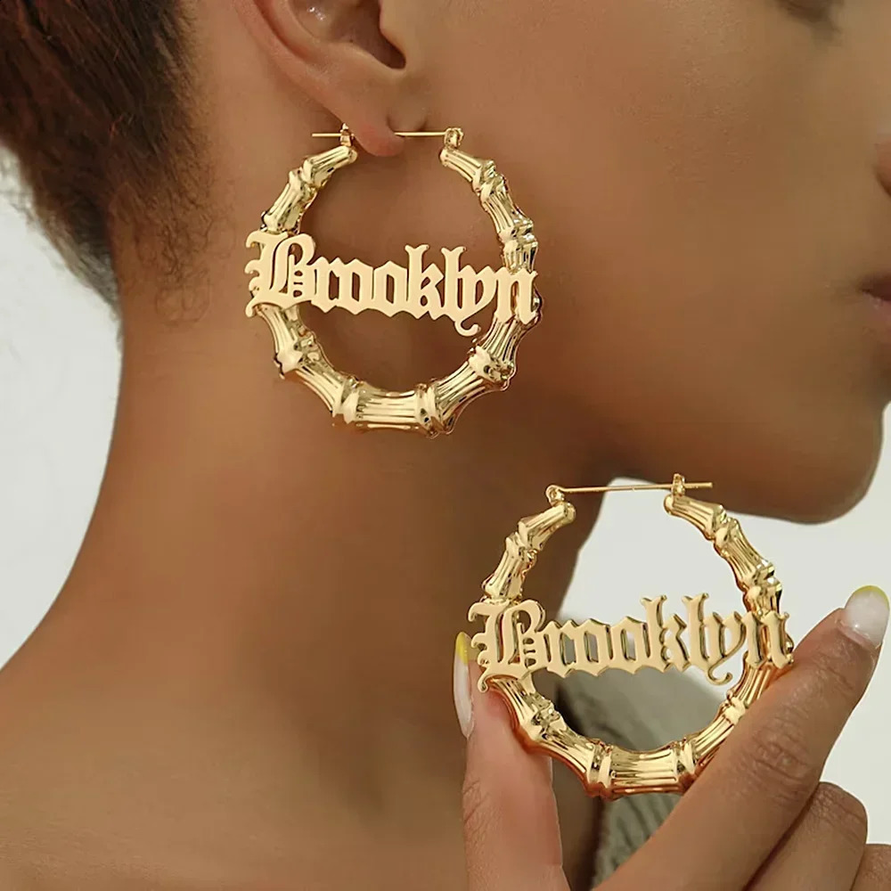 Custom Name Earrings Personalise 50mm 80mm 100mm Big Hoop Women Bamboo Shape Earring Stainless Steel Jewelry Gift for friend 250206