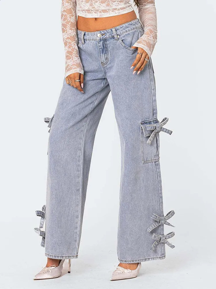 Chic Bow Light Blue Wide Leg Long Jean Pants Women Casual Versatile Jeans With Side Pockets Sweet Lady Denim Trousers 250206