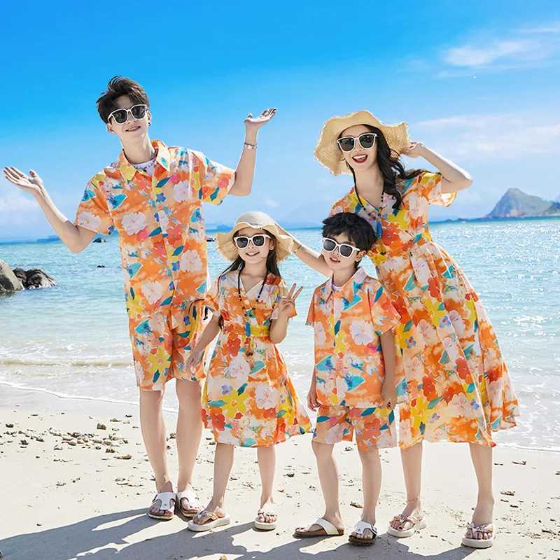 Holiday Parents Children Beach Clothes Vacation Family Brother Sister Matching Clothing Mom Daughter Dress Dad Son Shirts Sets W250207