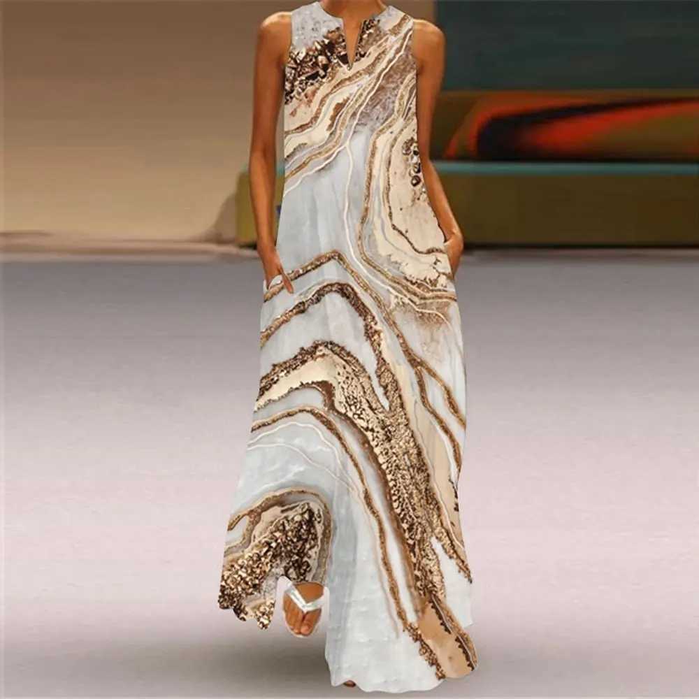 WomenS Fashion One-Piece Summer Casual Vest Print Dress Ele Sveless Evening Gown WomenS Plus-Size V-Neck Pocket DressXJ2500207