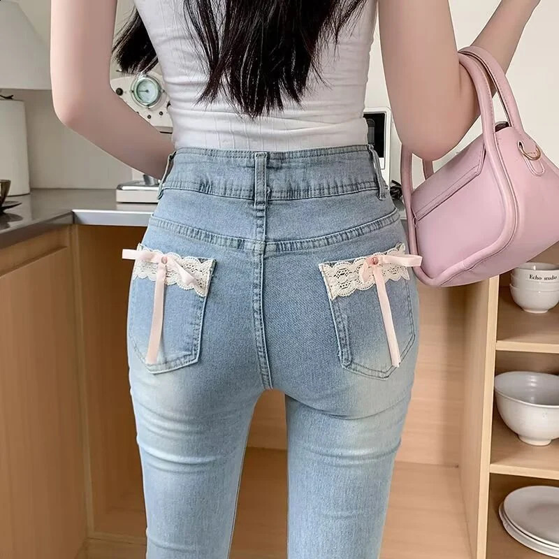 Woman Daily Vintage Blue Flare Jeans Female High Waist Stretch Bell Bottom Pants Girls Kawaii Lace Bow Decoration Denim Trousers 250206