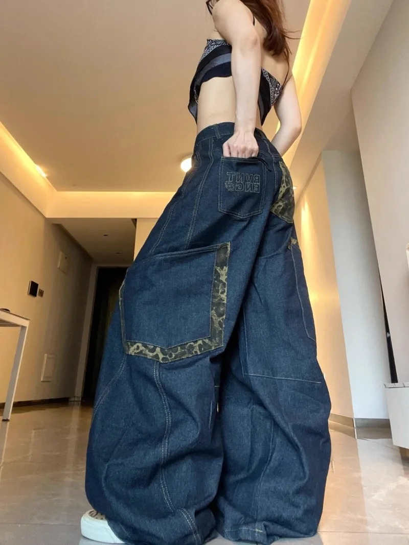 American Big Pocket Letter Embroidered Baggy Jean Y2K Gothic Vintage Hip Hop Rock Casual High Waist Wide Leg Pants 250121