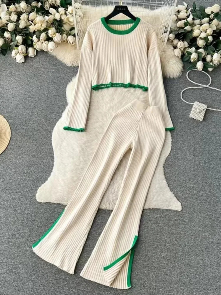 Fashion and fashionable color matching knitted pants set for womens short top ultrathin high waisted seam Trouser twopiece 250206