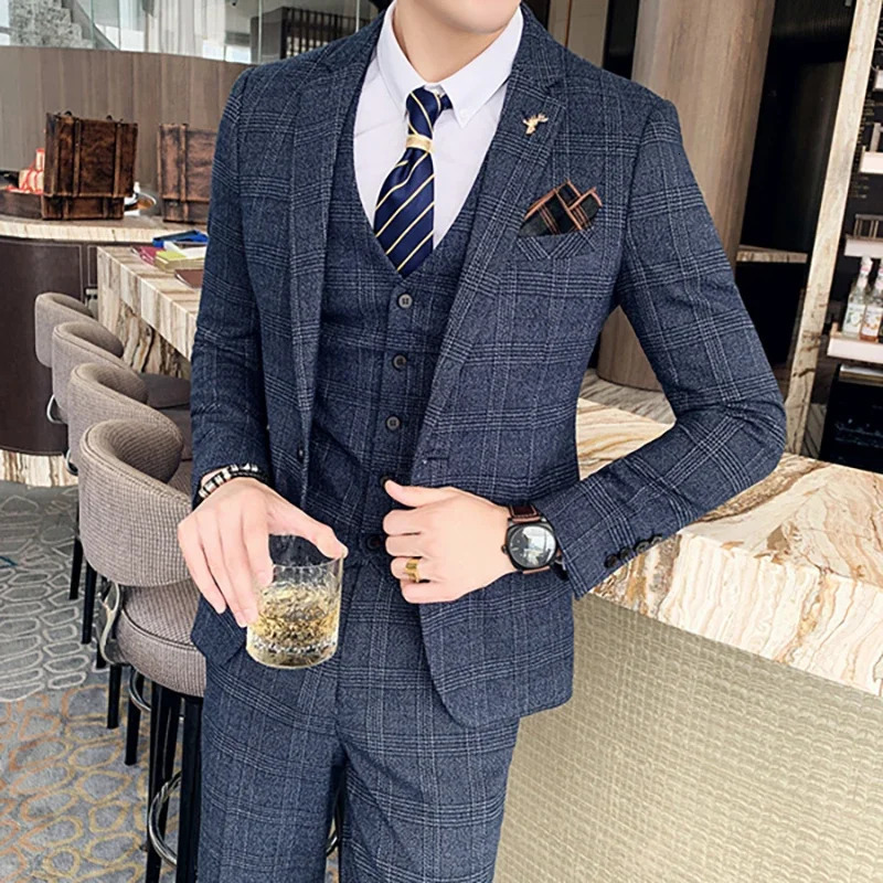 S7XL JacketVestPants Fashion Boutique Lattice Formal Business Mens Suit 3Pcs Set Groom Wedding Dress Plaid Show Stage 250207