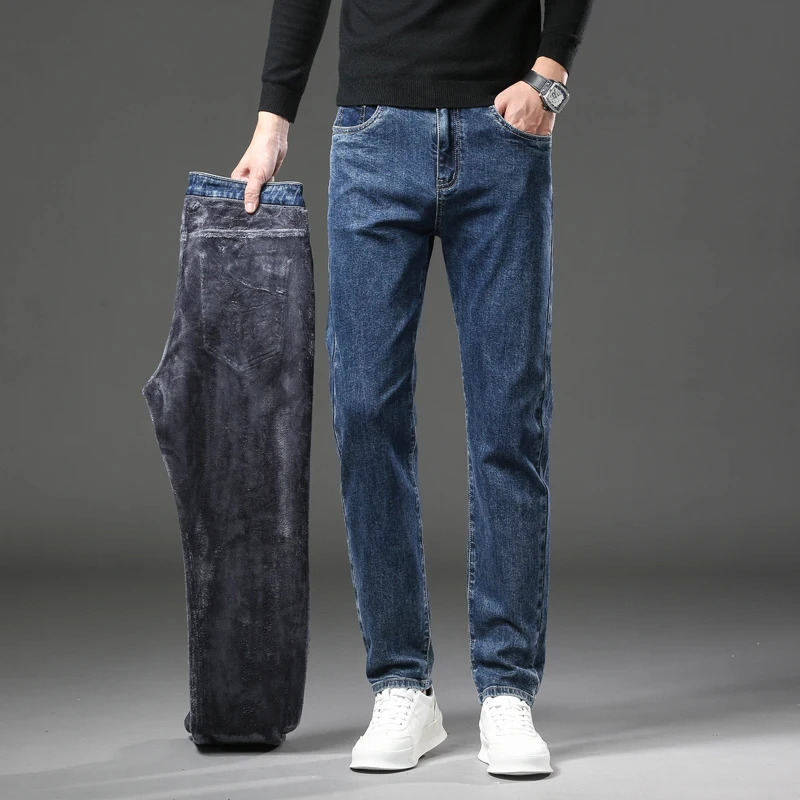 Winter Fleece Thick Warm Jeans Mens Slim Straight Elastic Denim Pants Casual Male Clothing Fashion Plush Trousers 250207