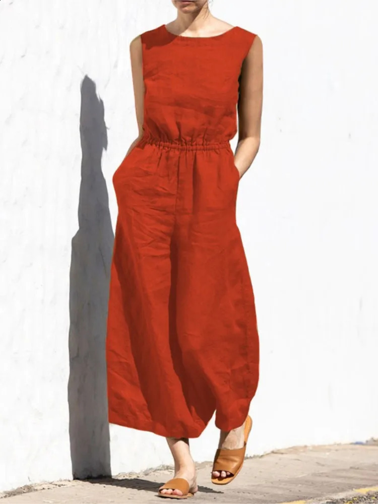 Fashion Buttoned Women Wide Leg Pant Jumpsuit Summer Solid Round Neck Sleeveless Pocket Playsuit Ladies Loose One-Piece Pants 250107
