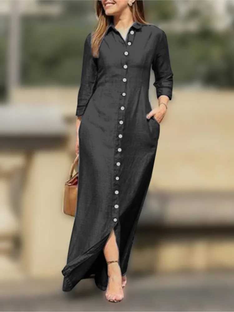 2025 New Dress Spring Summer Womens Plus Size Ele Neutral Style Cotton Linen Long Dress Long Sved Lapel Solid ColorXJ2500207