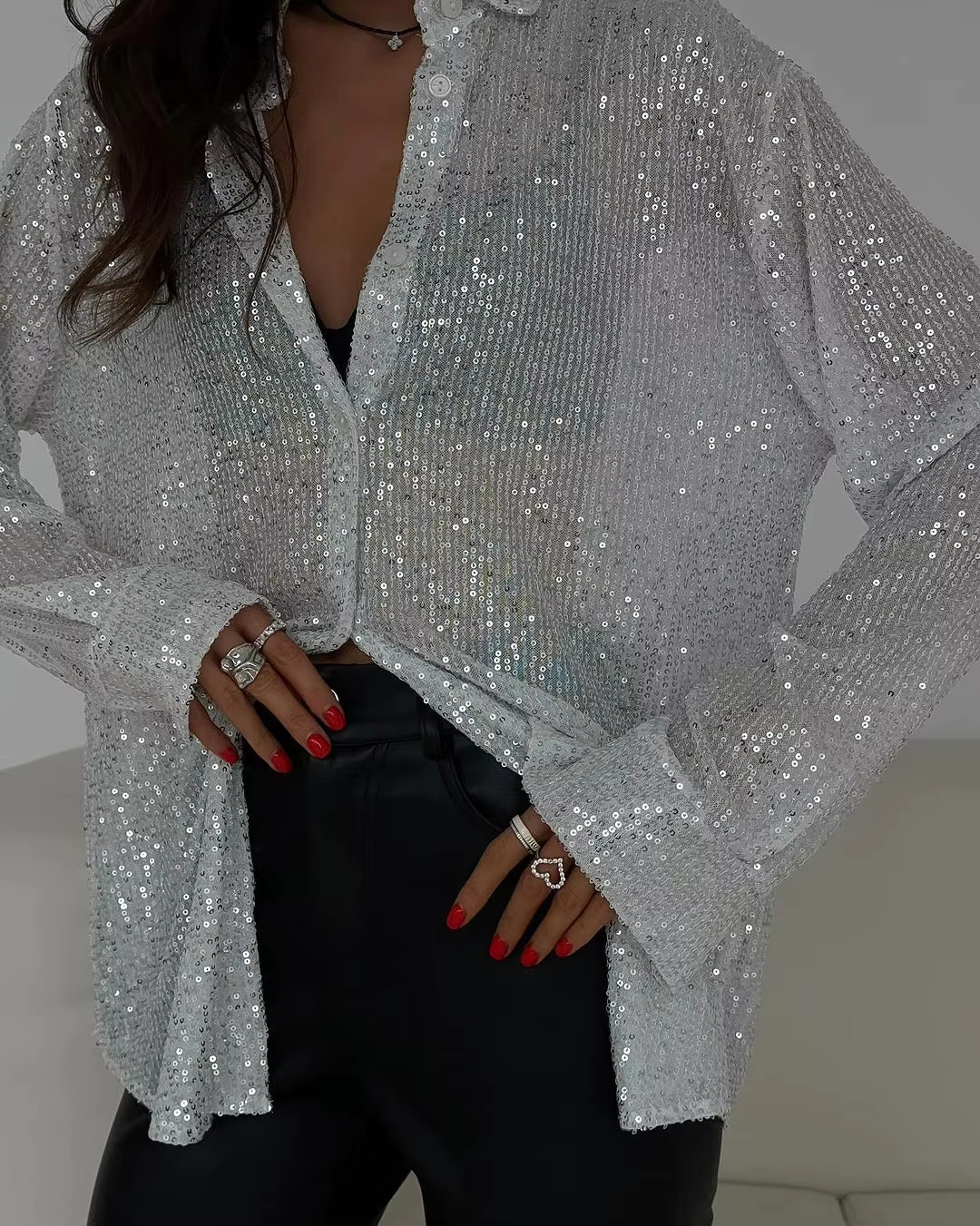 New Pearl Top with Collar Long Sleeved Cardigan Basic Women's Shirt Jacket