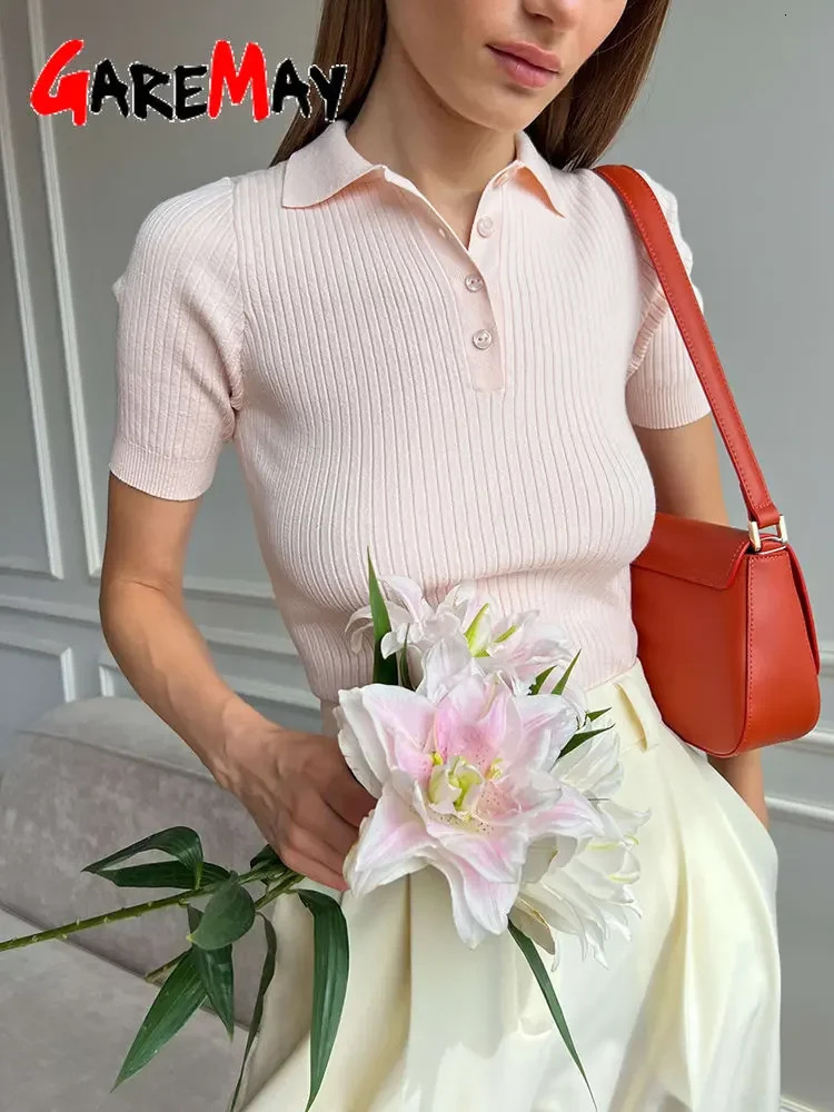 Womens Knitted Polo T-shirt Green Elegant Short Sleeve Women Summer Top Ribbed Sweater Slim Basic Polo with Collar for Women 250207