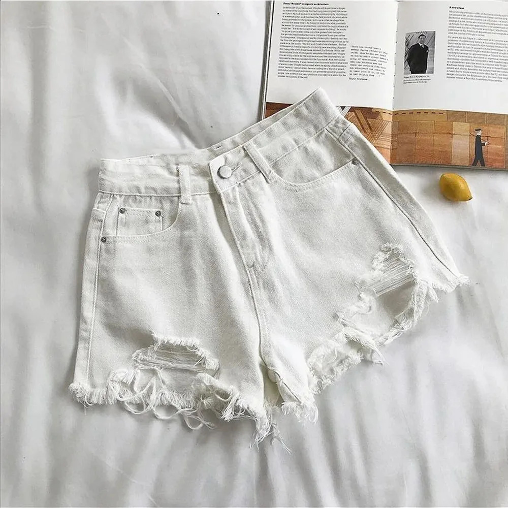 Summer Korean Womens Cow Shorts High Waist Casual Blue Denim Shorts Pocket Tassel Perforated Fashion Shorts Y2K Female Jeans 250207