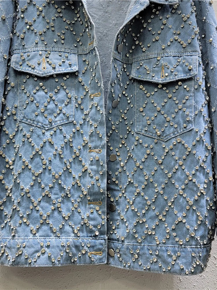 DEAT Womens Denim Coat Blue Long Sleeve Full Diamonds Distressed Jacquard Plaid Jackets 2025 Spring Fashion 29L7709 250121